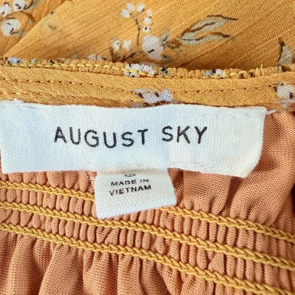 August Sky Mustard Yellow Floral Smocked Tiered Midi Dress Small Long Sleeve - Picture 7 of 13